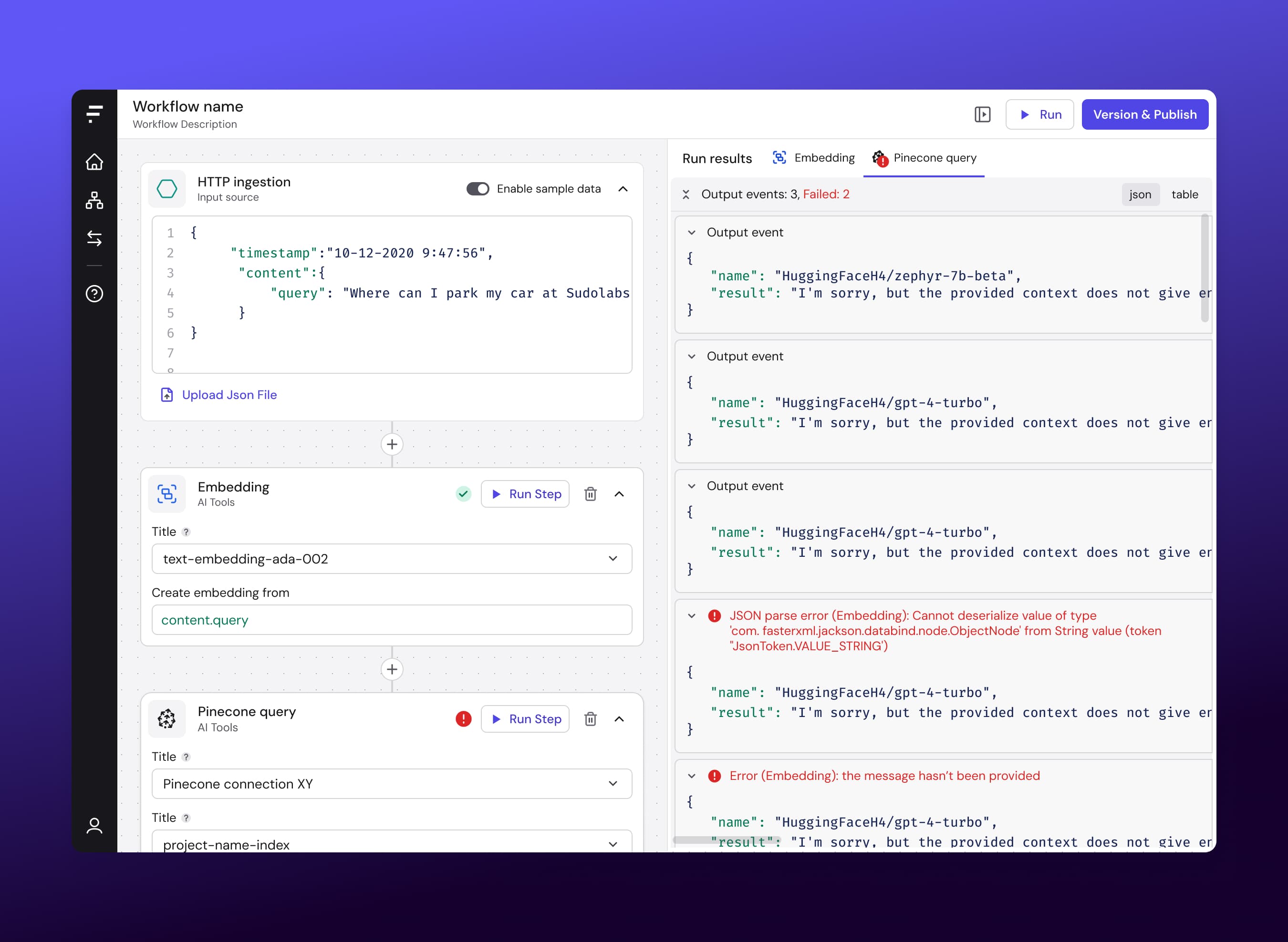 Workflow UI with debugging panel