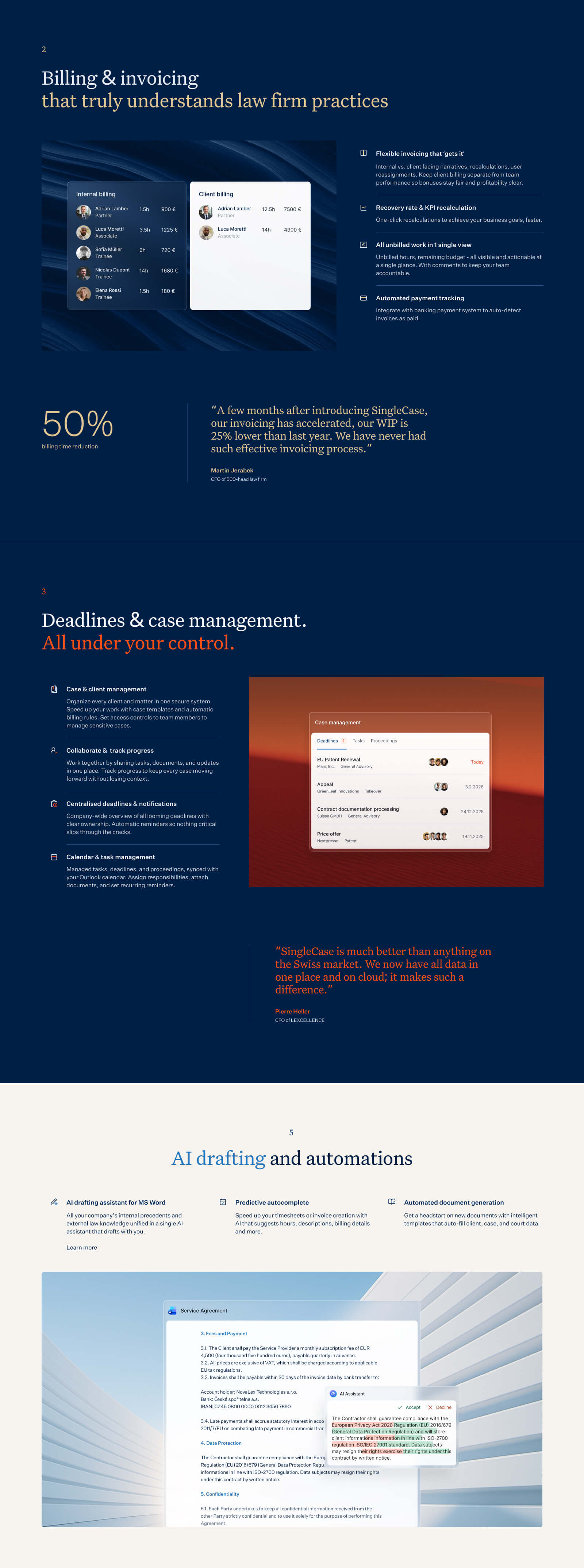 SingleCase website: billing, case management and AI drafting features